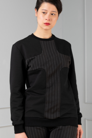 women's-black sweater with pinstripe-detail