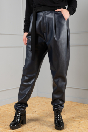 faux-leather women's trousers with tie-belt