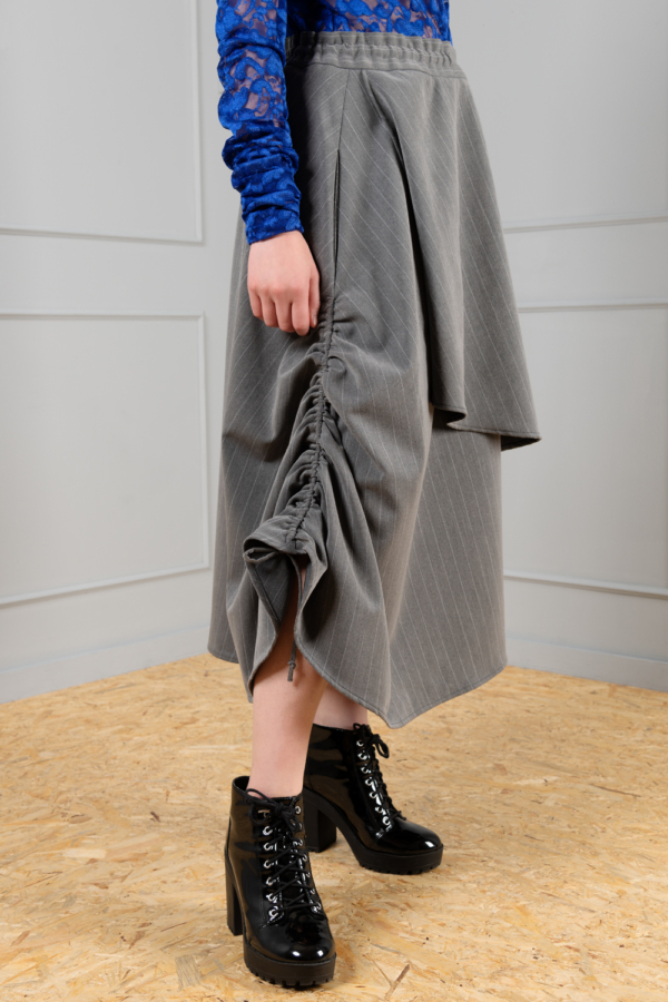 asymmetrical grey-pinstripe women's skirt