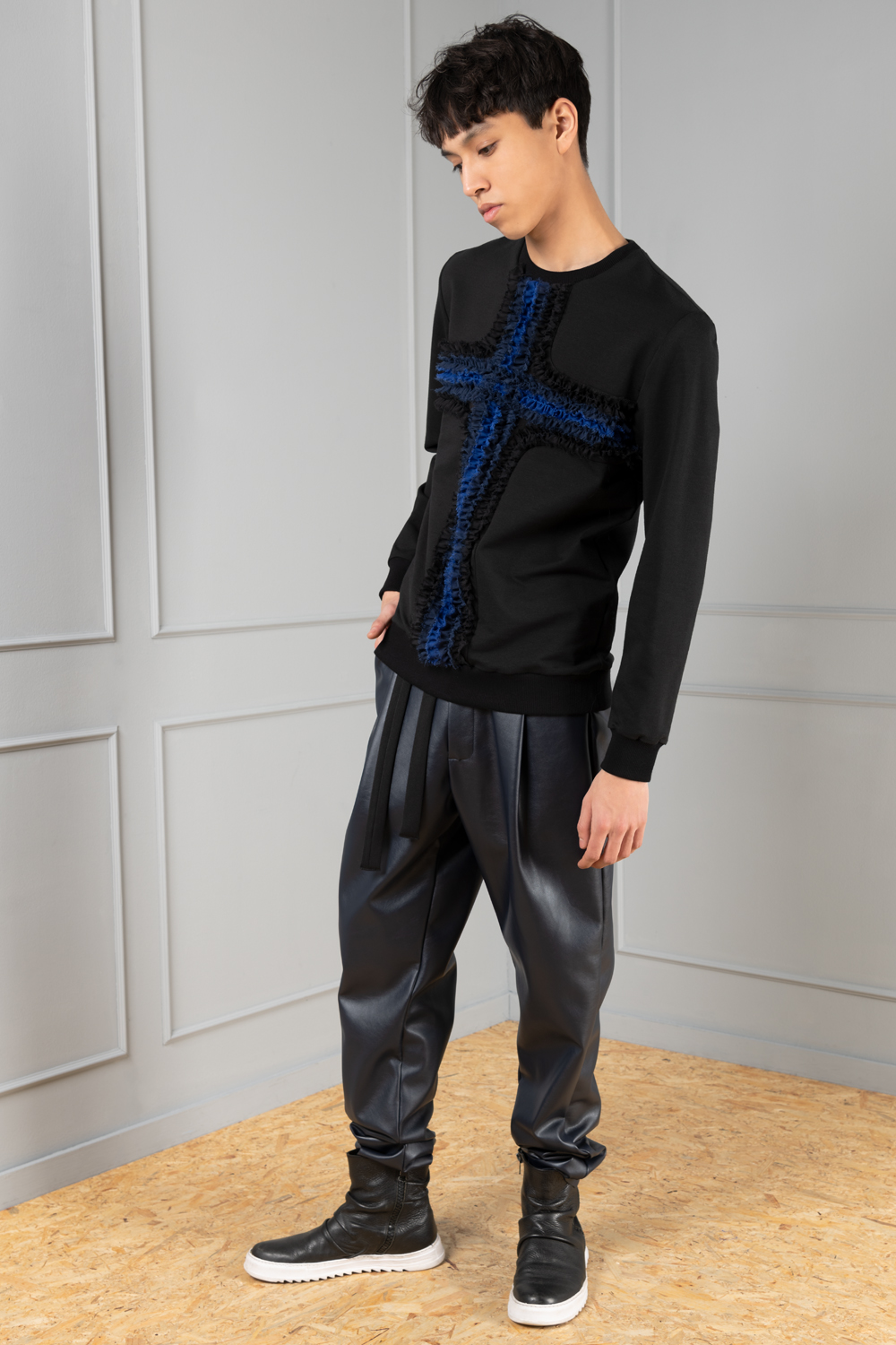 Blue leather look trousers cheap