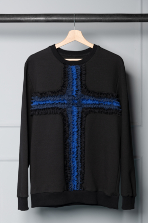 black unisex-sweater with ruffle cross