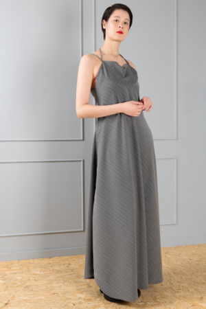 grey dress with waterfall neckline