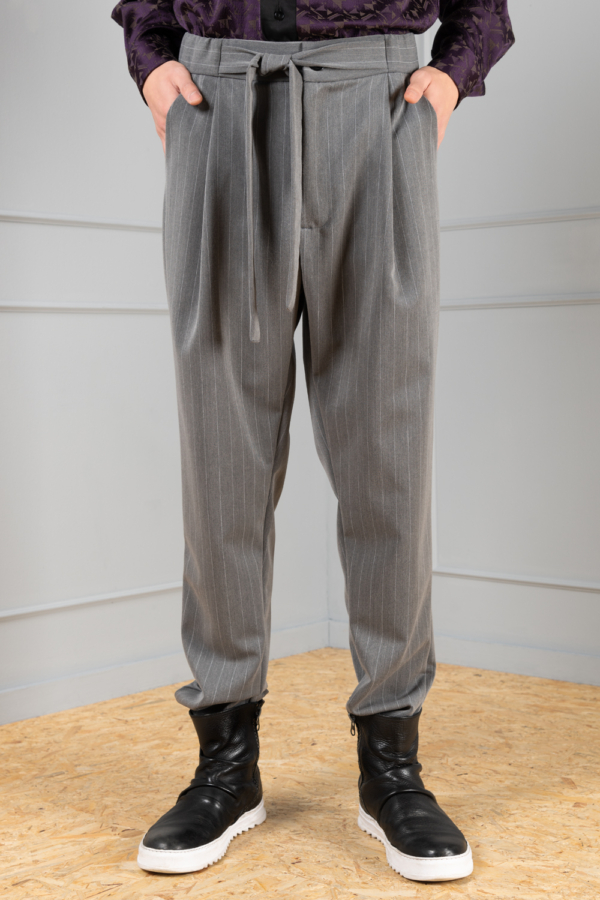 grey pinstripe men's tie-belt trousers