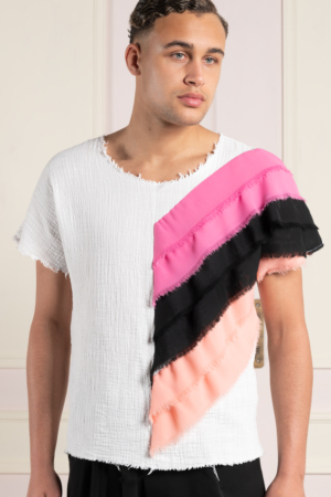 off-white cotton unisex top with pink-chiffon