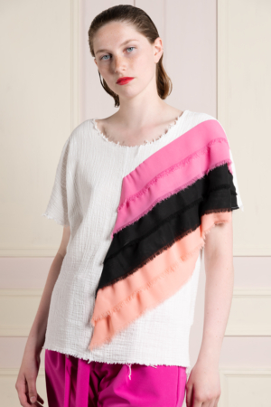 off-white cotton women's top with pink-chiffon