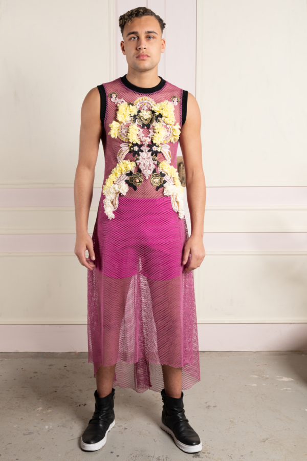 transparent men's dress with lace-flowers