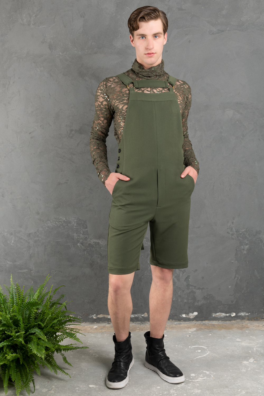 Army green cheap overall shorts