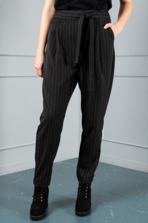black pinstripe unisex tie-belt trousers