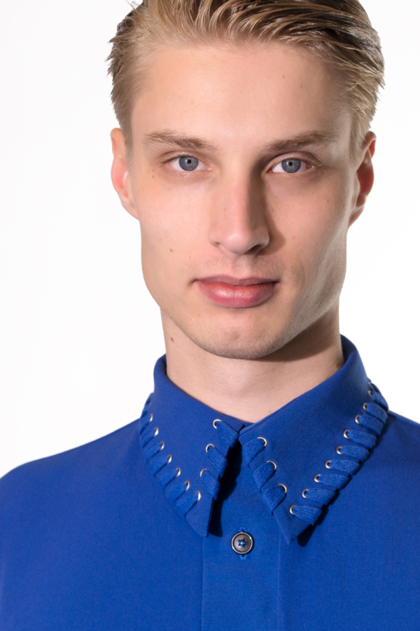 long cobalt button-up men's shirt