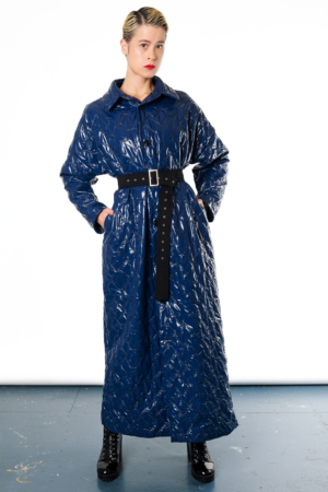 long dark blue quilted women's coat