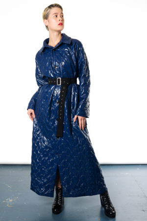 long dark blue quilted coat