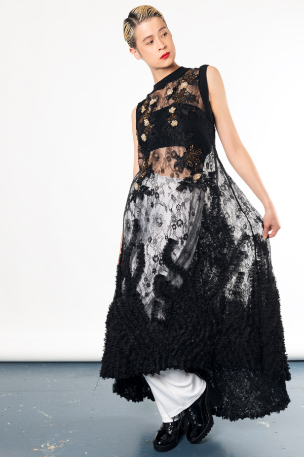 embroidered black lace dress