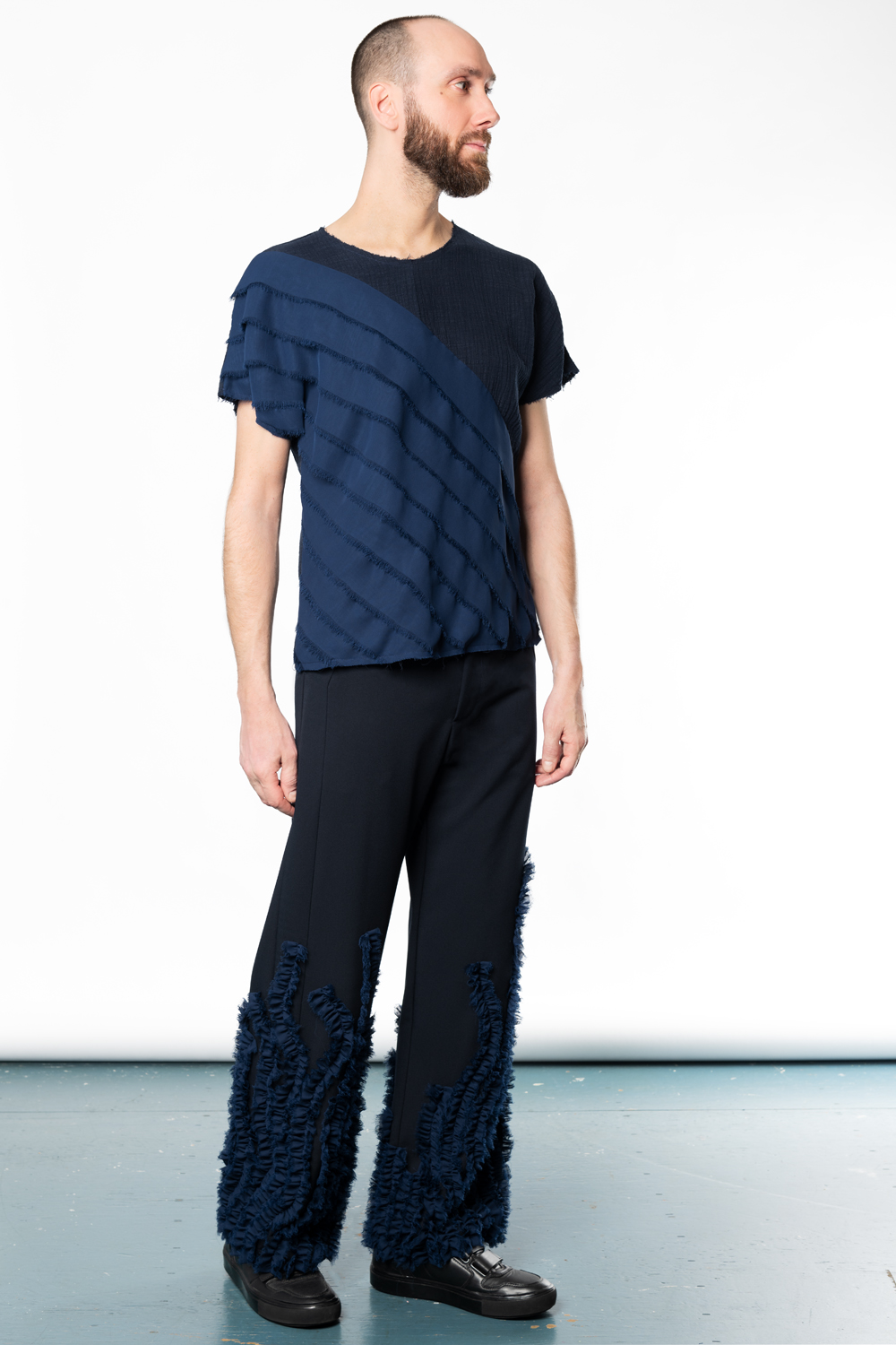 Navy blue ruffle top best sale