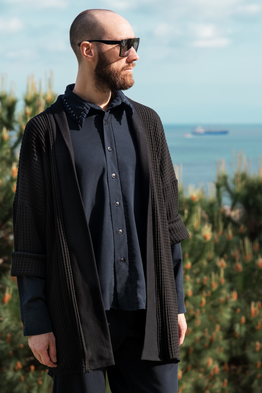 navy statement collar button up shirt Haruco vert