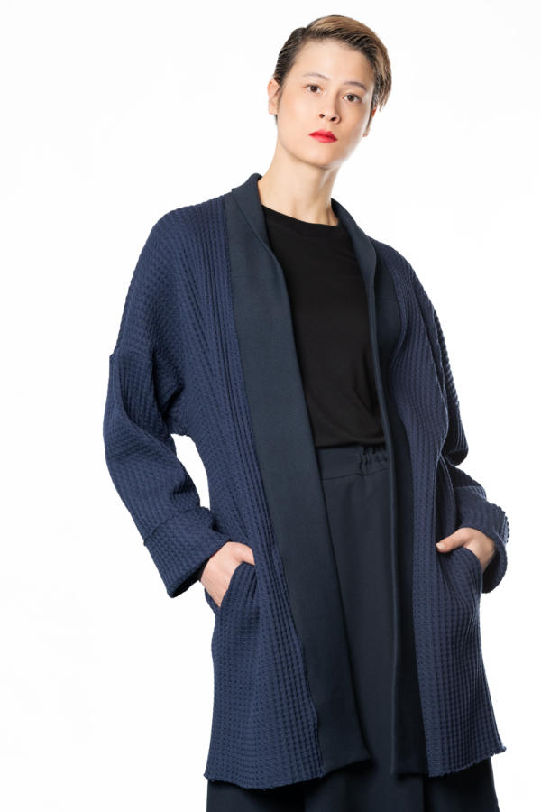 blue knit unisex cardigan