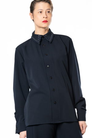 navy statement collar button-up shirt