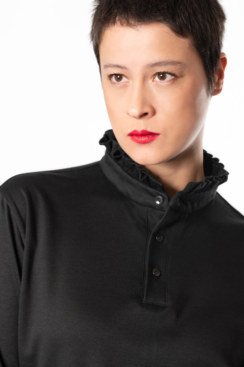 black ruffle collar women's polo