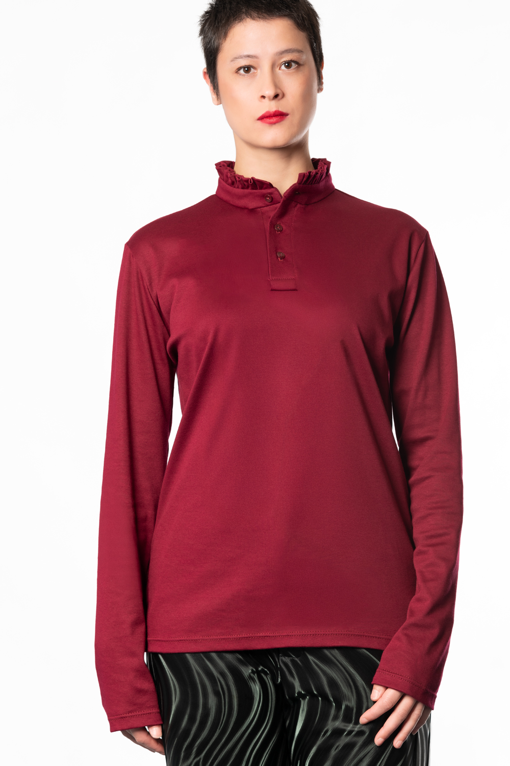 Tefen burgundy ruffle collar polo shirt - Image 2