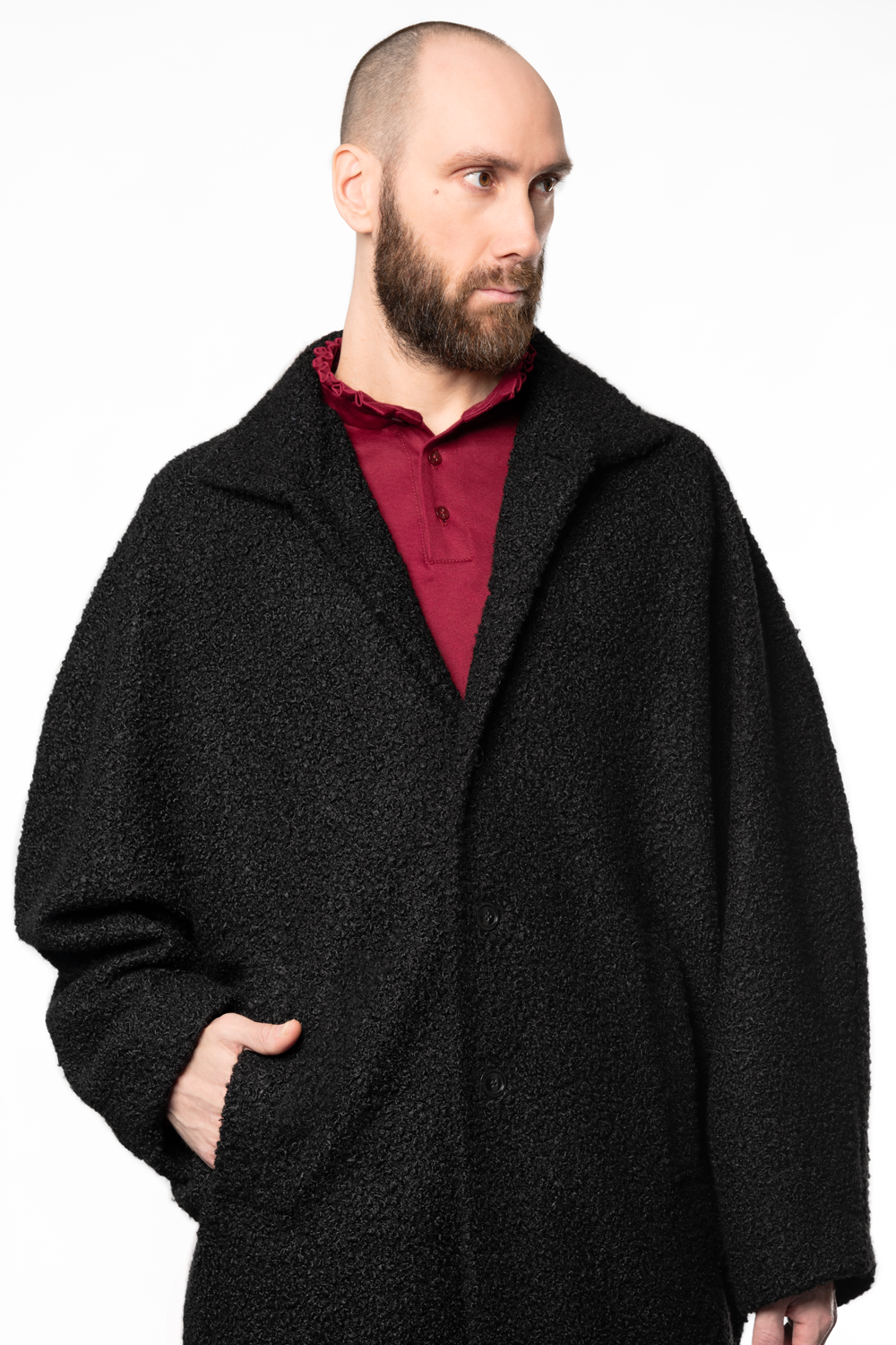 black bouclé men's cocoon coat | Haruco-vert