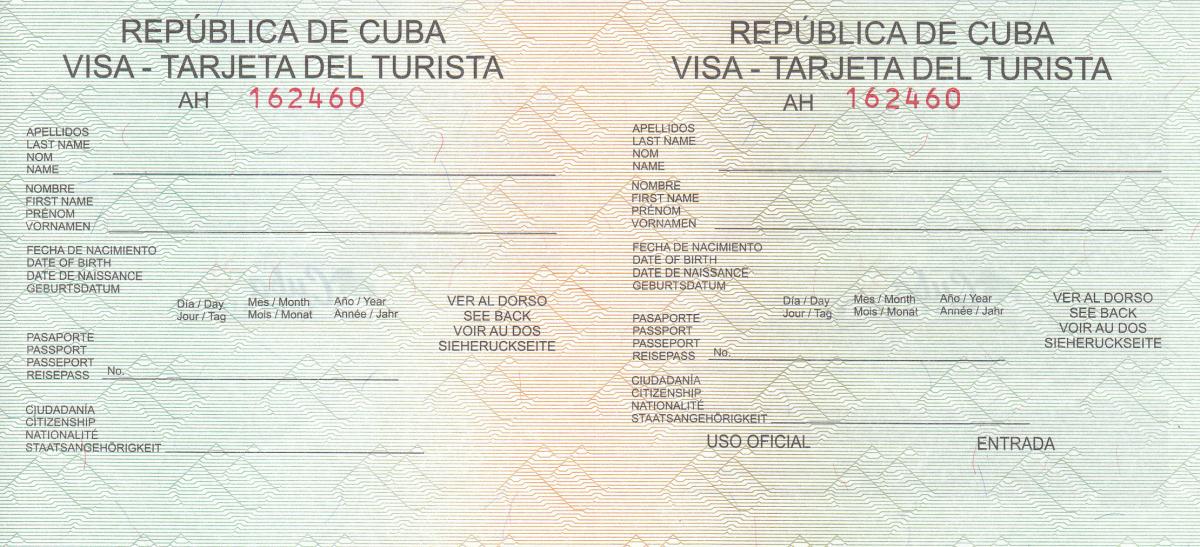leere Touristenkarte Kuba. Diese ist vor der Einreise noch auszufüllen.
