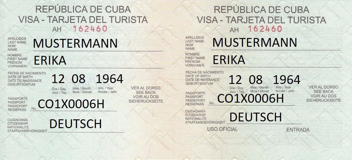 Touristenkarte Kuba richtig ausgefüllt mit den Daten von Erika Mustermann.