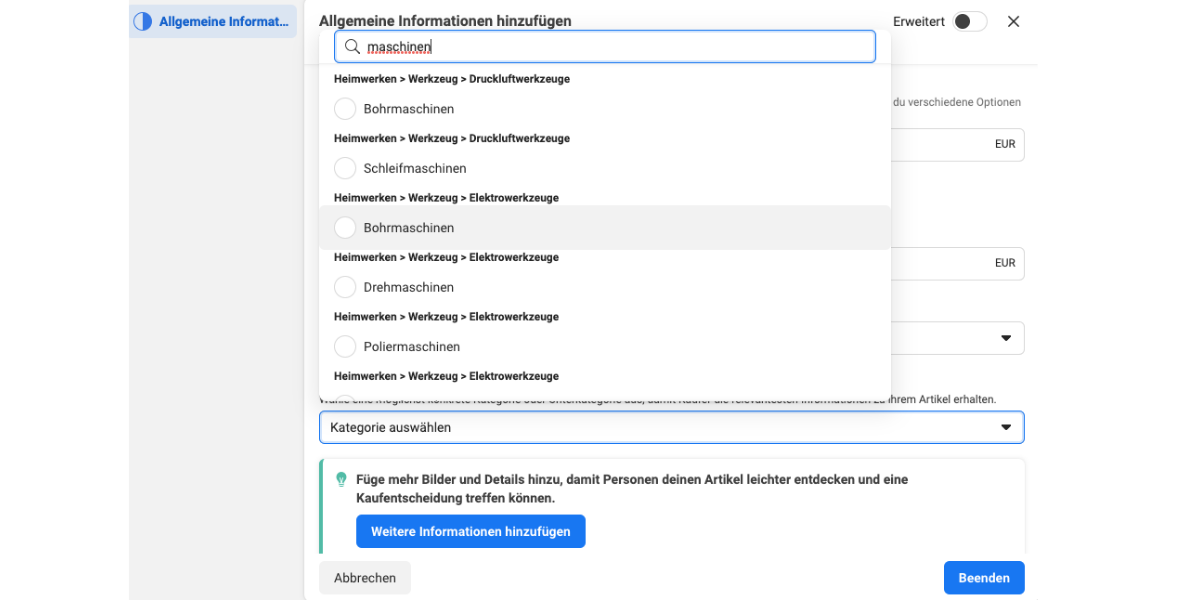 Kategorie Insta auswählen