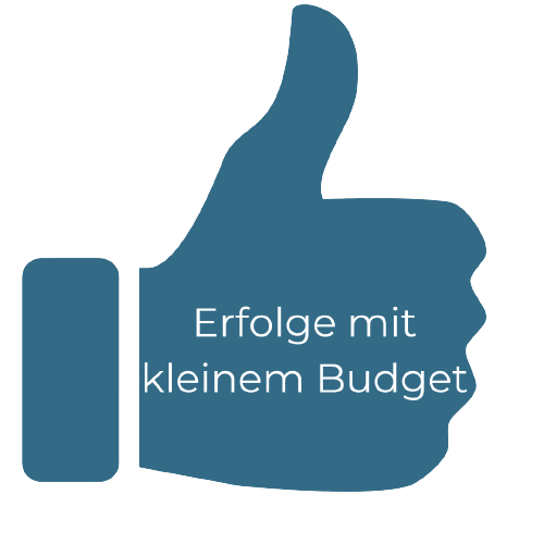 Daumen nach oben Icon mit Text Erfolge mit kleinem Budget