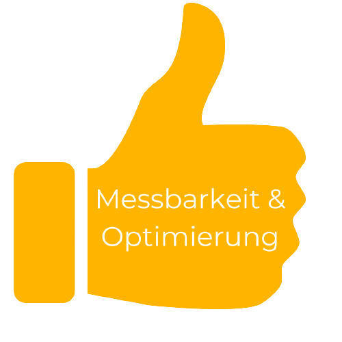 Daumen nach oben Icon mit Text Messbarkeit und Optimierung