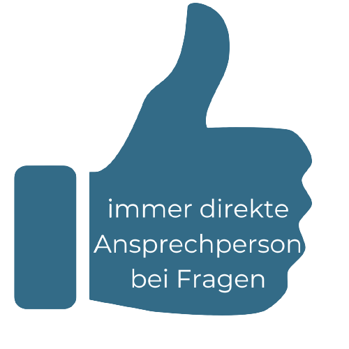 Daumen nach oben Icon mit Text immer direkte Ansprechperson bei Fragen