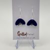 Discover the elegance of our dark blue and silver heart-shaped pendant earrings, beautifully presented on a Spotted Petal branded card. These stunning earrings stand gracefully on a clear display against a sleek gray background. Perfect for those seeking stylish heart pendant jewelry with a touch of sophistication.