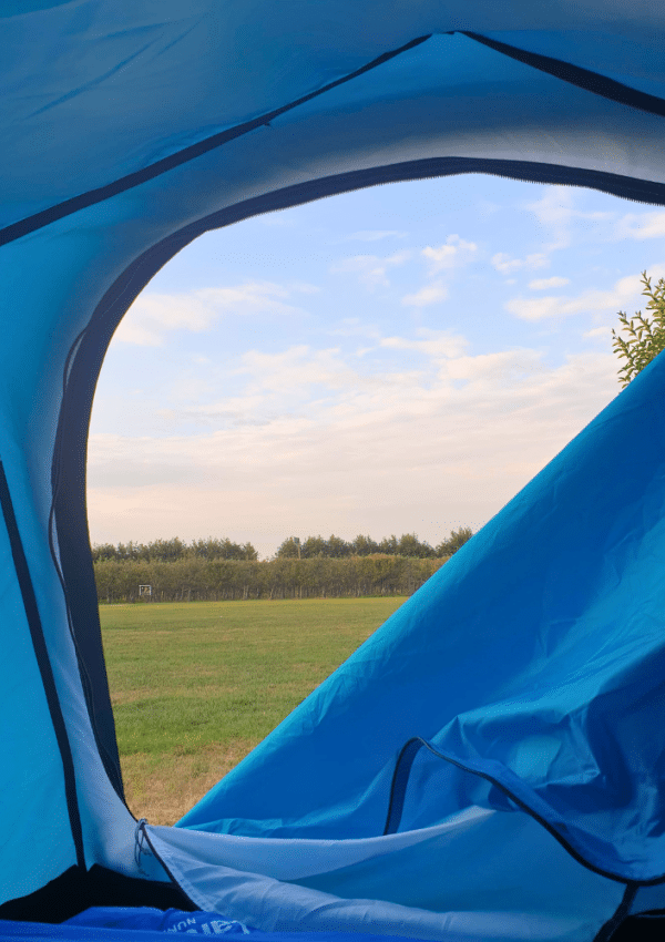 Zicht vanuit de tent. De tent openritsen 's morgens en uitkijken op de weidse natuur is een van de leukste momenten van het kamperen.