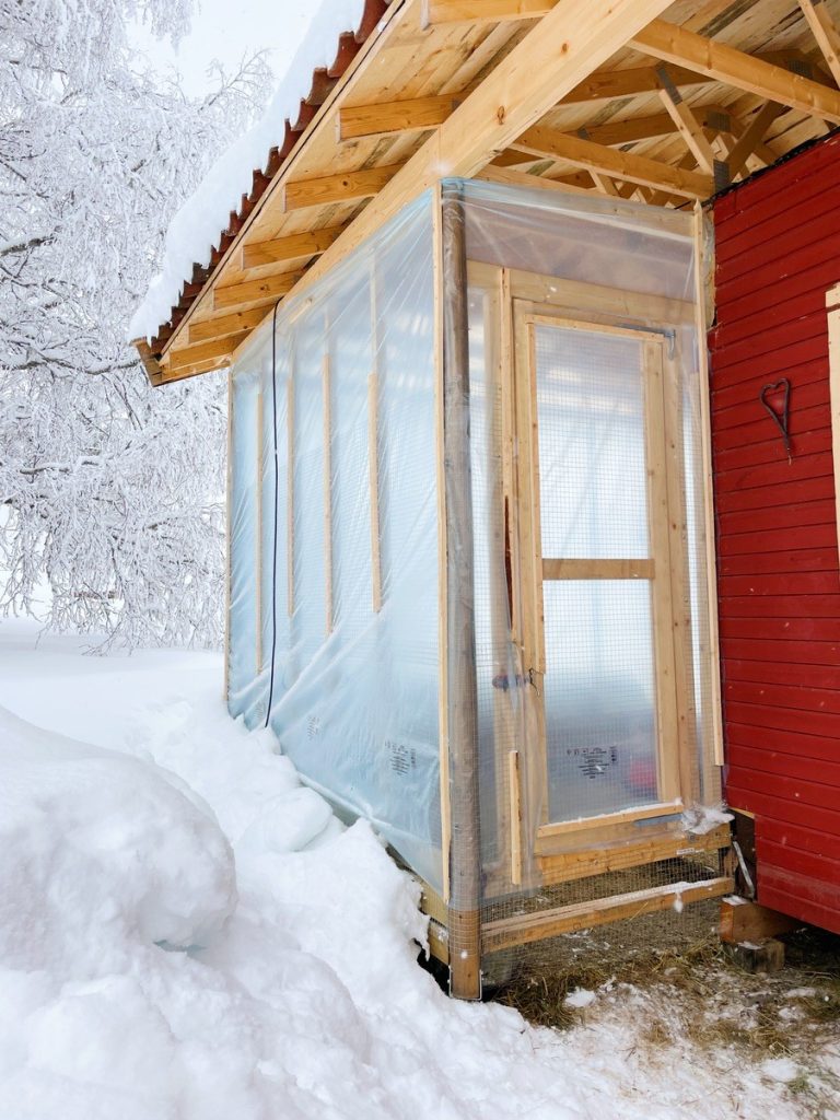 Winterized chicken run surrounded by snow seen from outside. Helps keep chickens active, happy and warm in winter time.