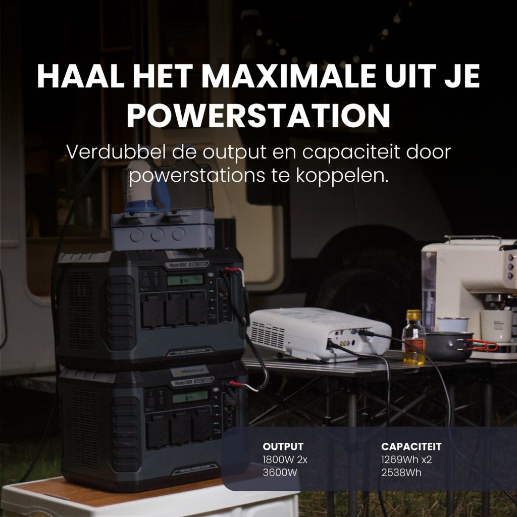 verdubbelen output en capaciteit heko solar master 1800 powerstation en combinatie unfold 200 watt draagbaar zonnepaneel portable solar panel