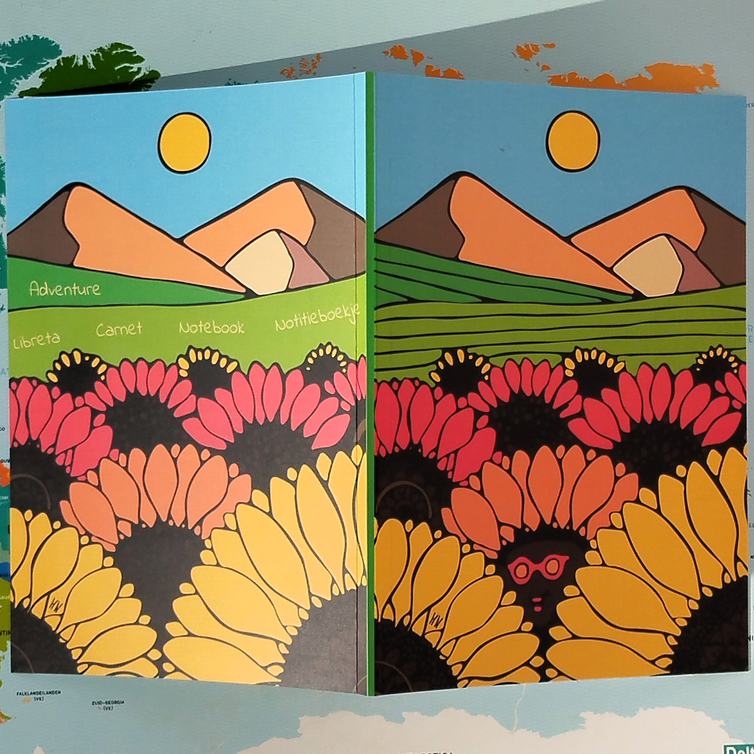 notebook adventure sunflowers mountains