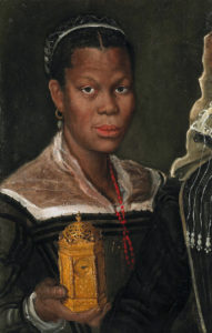 Retrato de mulher negra segurando um relógio de ouro, Annibale Carracci (1560-1609) óleo sobre tela, 60x39 cms. 1580?