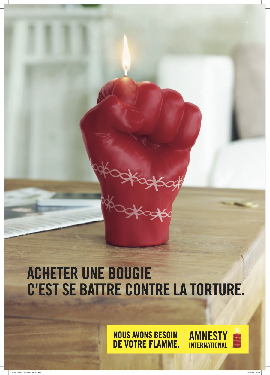 Campagne bougies 2014 d’Amnesty International : acheter une bougie, c’est se battre contre la torture.