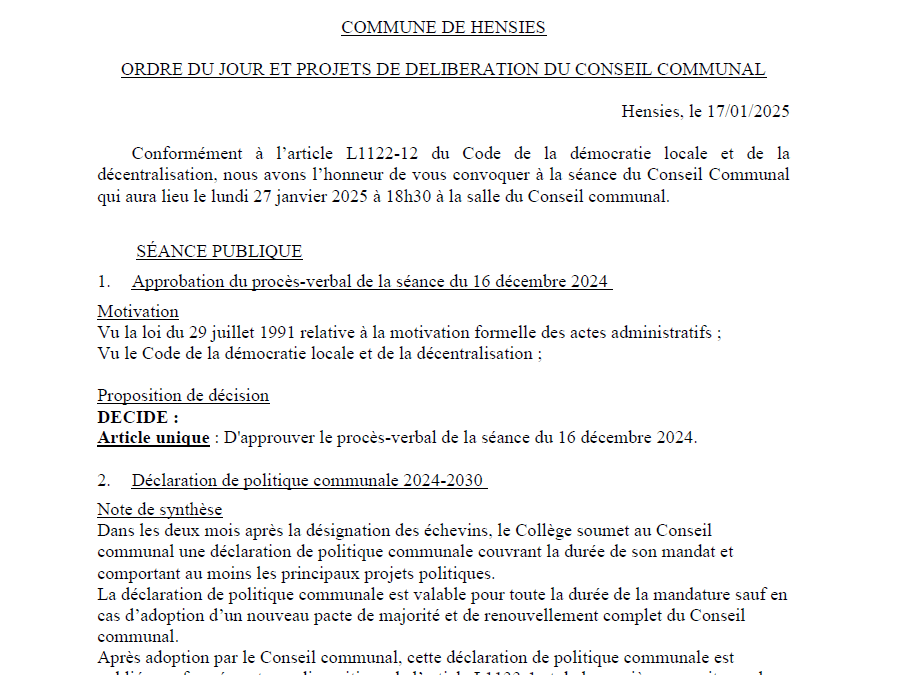 Conseil communal 27 janvier 2025