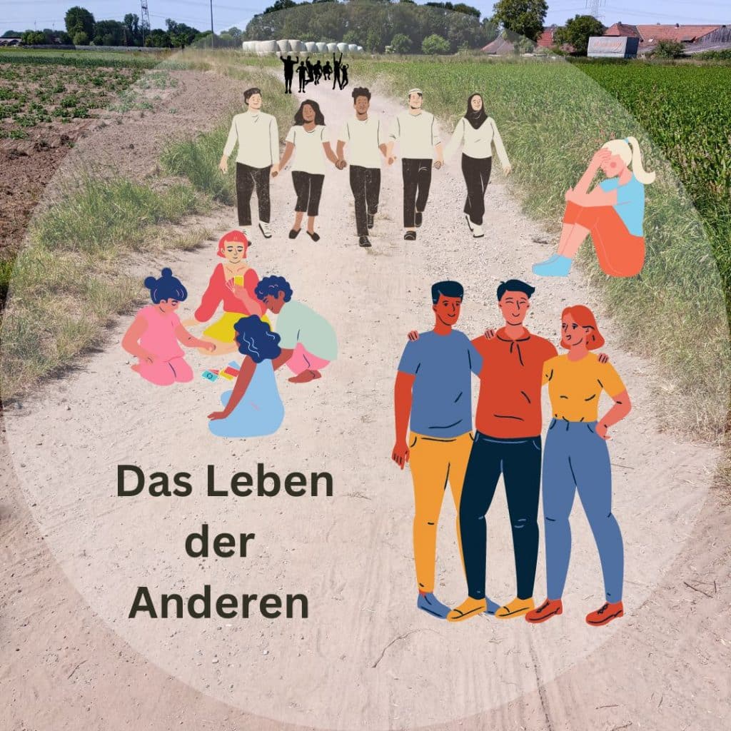 Auf dem Bild ist ein Feldweg zu sehen, einige Menschen und der Schriftzug "Das Leben der Anderen".