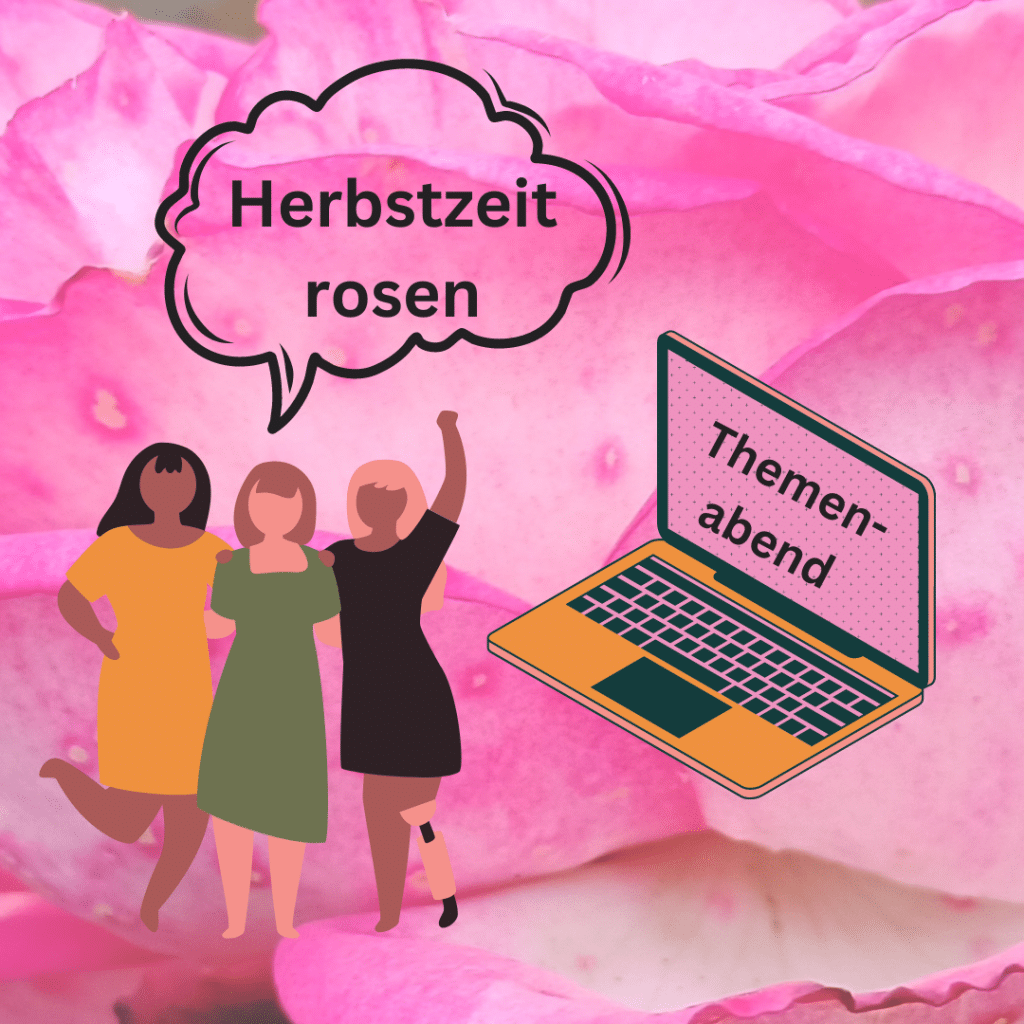 Auf dem Bild sind drei Frauen und ein Laptop zu sehen. Außerdem die Worte Herbstzeitrosen Themenabend.