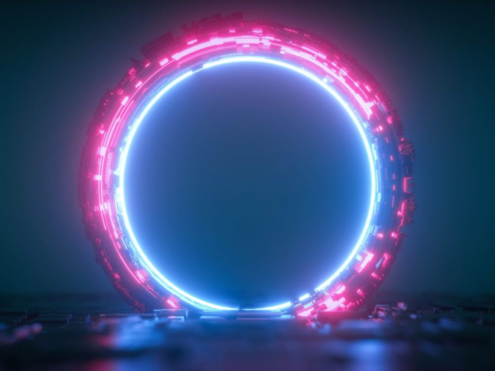 Futuristic blue and red glowing neon round portal. Sci fi metal construction.