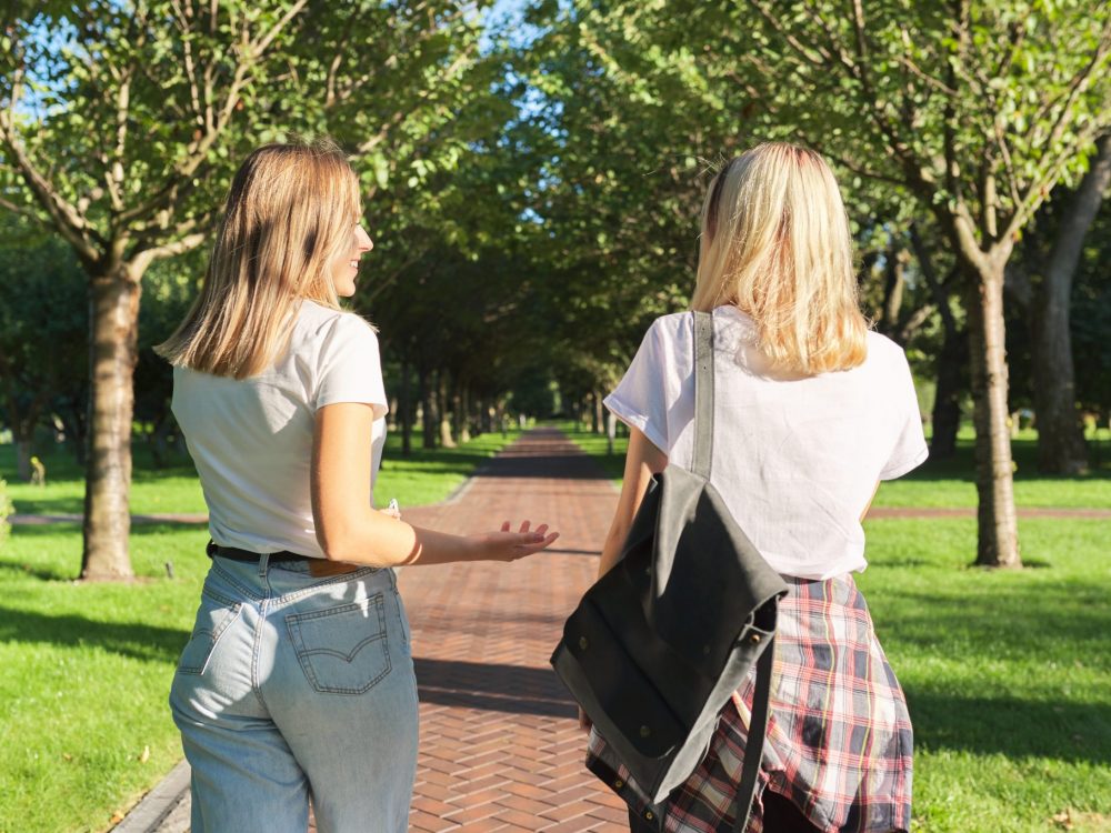 Two happy smiling talking girls teenagers students walking together, back view, young women with backpack, sunny day in the park background