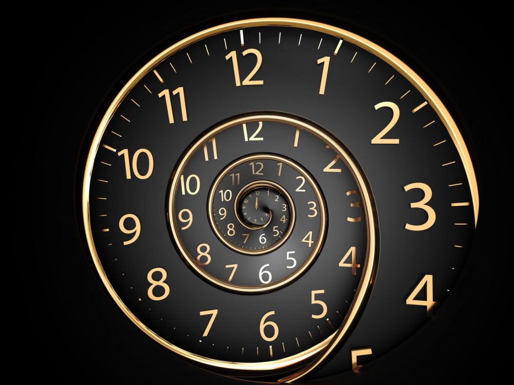 Infinity time. Golden old fashion clock with numerals Abstract time spiral effect. Digital generated An image of a nice spiral watch on a dark background. The concept of time.