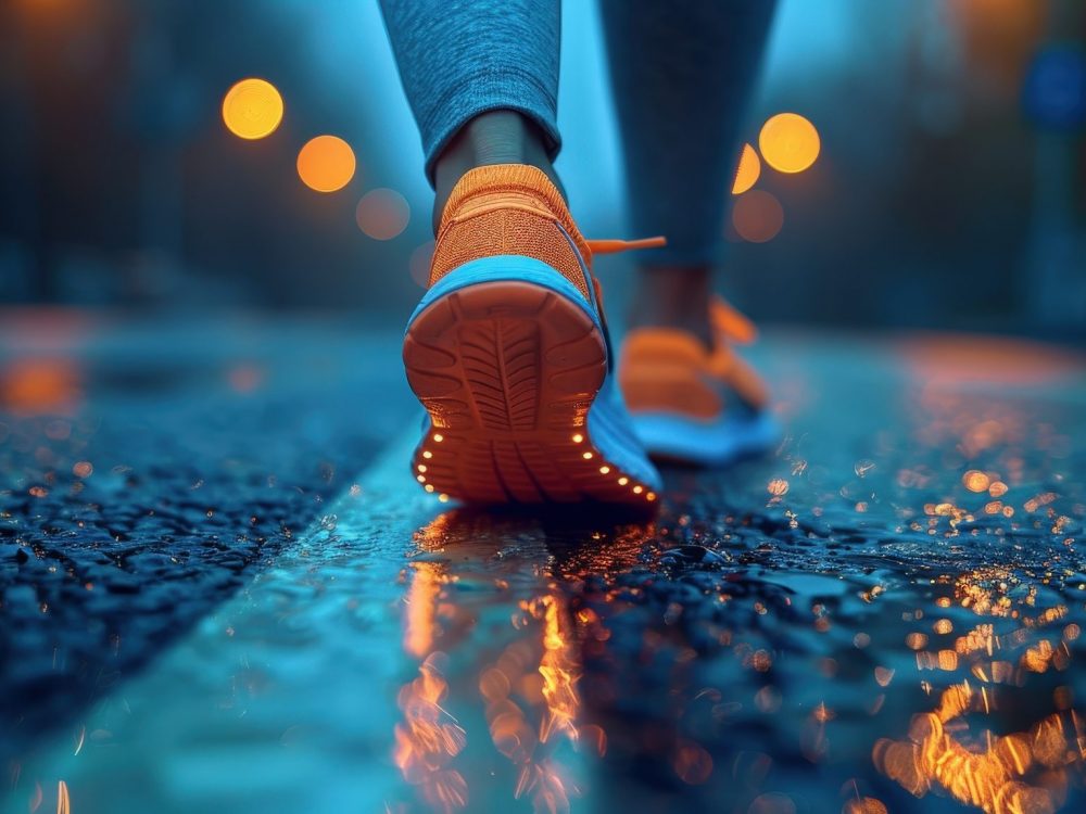 Close-up of a person's legs in running shoes walking on a wet road lit by street lights during the evening, creating a reflective effect on the pavement.