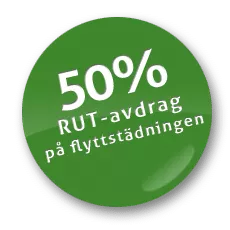 Ett grönt cirkulärt märke visar den vita texten "Avdrag på 50% RUT-avdrag på flyttstädningen.