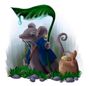 En træt mus står og venter i regnen, med et blad som paraply. Det er godt nok vådt herude.