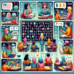 DALL·E 2024-06-01 00.27.43 - A square image illustrating cultural or language barriers. Depict a diverse group of students in a classroom, with some struggling to communicate and