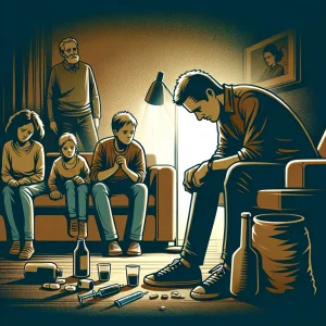 DALL·E 2024-06-01 00.36.09 - A square image depicting substance abuse in the family. Show a family in a living room setting, with a somber atmosphere. One adult is visibly struggl