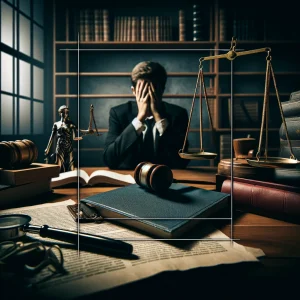 DALL·E 2024-06-01 00.49.30 - A square image depicting legal issues. Show a person sitting at a table in a dimly lit room, surrounded by legal documents, a gavel, and scales of jus