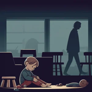 DALL·E 2024-06-01 00.59.49 - A square image depicting parental absence or neglect. Show a young child sitting alone in a dimly lit room, looking sad and lonely. The room should ha