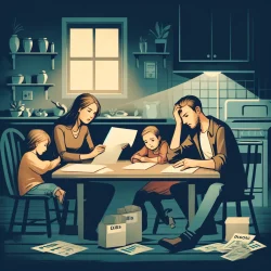 DALL·E 2024-06-01 01.04.50 - A square image depicting financial struggles. Show a family sitting at a kitchen table, looking worried and stressed while going through bills and fin